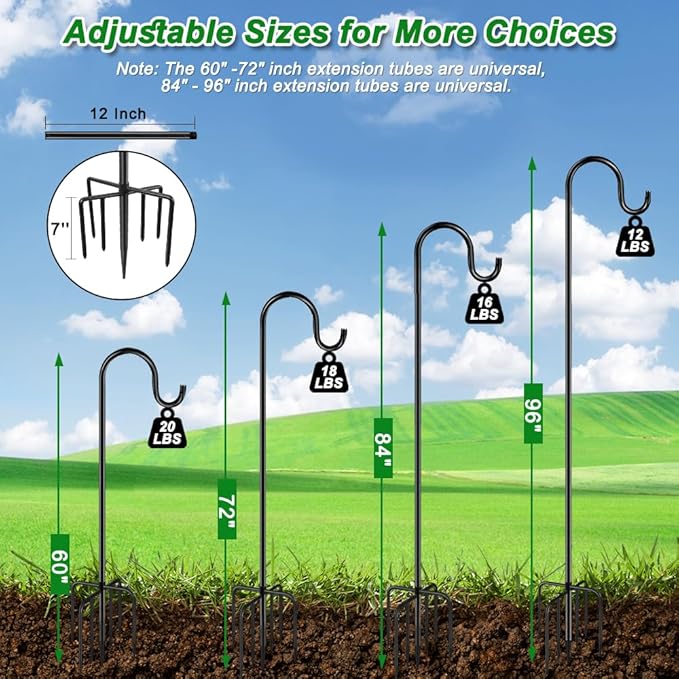 72" Shepherds Hooks for Outdoor, Heavy Duty Garden Bird Feeder Pole for Hanging Bird Feeder, Plant Baskets, Solar Light Lanterns, Outdoor Plant Hanger Hook with 7 Base Prongs,1 Pack