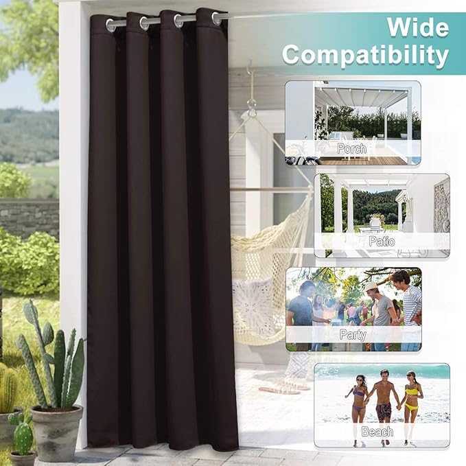 NICETOWN Outdoor Curtain for Patio Waterproof Extra Long 108" Length, Thermal Insulated Stainless Steel Grommet Blackout Privacy Drape for Porch, 1 Panel, 52" Wide, Toffee Brown
