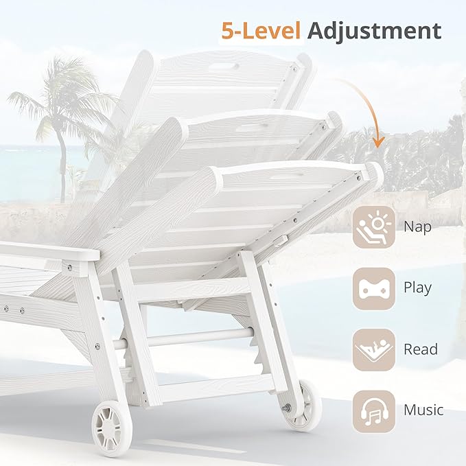 LUE BONA Outdoor Chaise Lounge, HDPS Chaise Lounger, 5 Positions Adjustable Lounge Chairs, Pool Lounge Chair with Wheels for Poolside, Backyard, White
