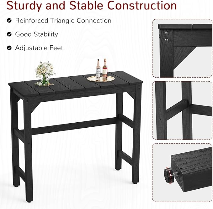 Stoog All-Weather Patio Bar Table, Outdoor Bar Table with Adjustable Feet, Patio Counter Bar Height Tables with Waterproof Top, Never Fade or Rot, for Garden, Balcony, Deck, and Poolside, Black