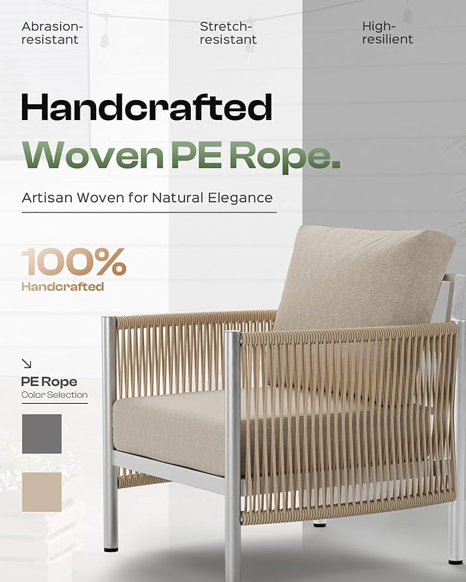 Aluminum Outdoor Patio Furniture Set with Dual-Layer Coffee Table, 4 Piece Modern Patio Conversation Sets with PE Rope, Outdoor Sectional Sofa with Thick Cushions for Balcony, Porch, Beige