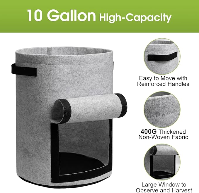 Potato Grow Bags with Flap 10 Gallon, 4 Pack Planter Pot with Handles and Harvest Window for Potato Tomato and Vegetables, Black and Gray