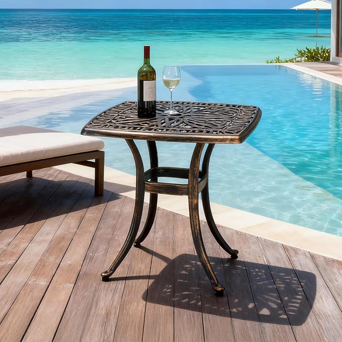 VINGLI 21” Outdoor Side Table, Cast Aluminum All-Weather Patio Side Table Small Outdoor Table Bistro Table for Outside, Porch, Balcony, Patio, Bronze