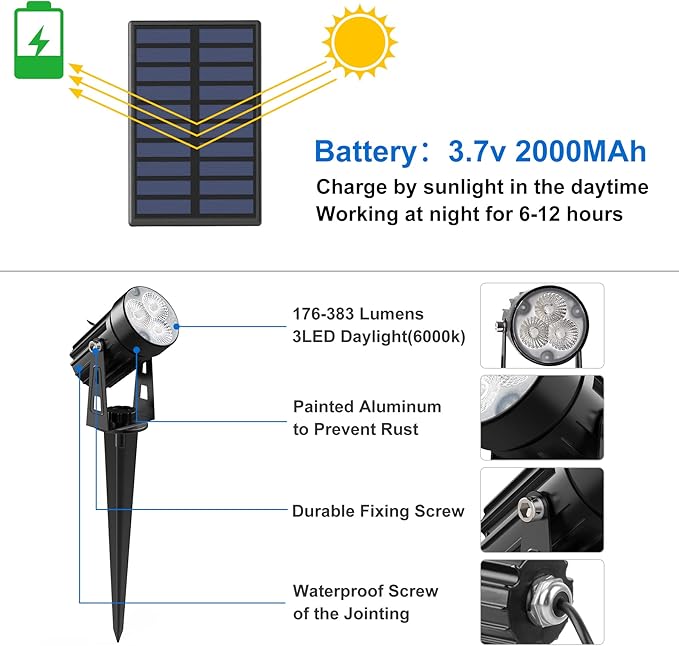 Solar Spot Lights Outdoor, Solar Landscape Spotlights IP65 Waterproof 9.8ft Cable, Auto On/Off Outdoor Wall Lights for Garden Yard Driveway Porch Walkway Pool (1-in-1 6000K Cold White 4 Pack)