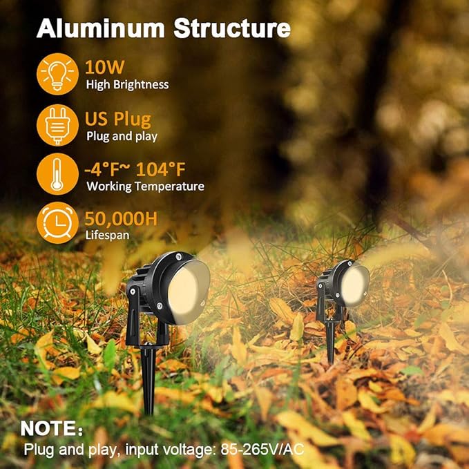 Romwish 120V LED Landscape Spotlights, 10W Outdoor Spotlights for Yard, 3000K Warm White, 120V AC Spot Light with Ground Spike, Waterproof Landscape Lighting for House Garden Lawn Decorative - 2 Pack