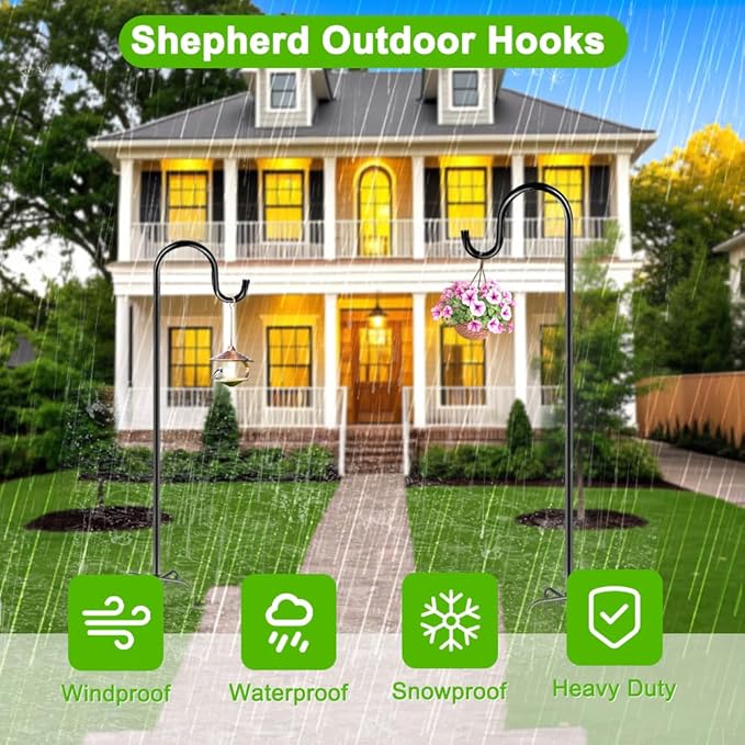 72" Shepherds Hooks for Outdoor, Heavy Duty Garden Bird Feeder Pole for Hanging Bird Feeder, Plant Baskets, Solar Light Lanterns, Outdoor Plant Hanger Hook with 7 Base Prongs,1 Pack