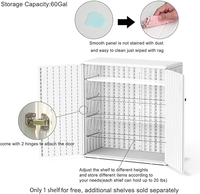 Indoor Outdoor Storage Cabinet Waterproof with Shelf, Off White Plastic Outdoor Cabinets for Patio/Garden/Backyard, Size 34.3''L*15''W*36.2''H