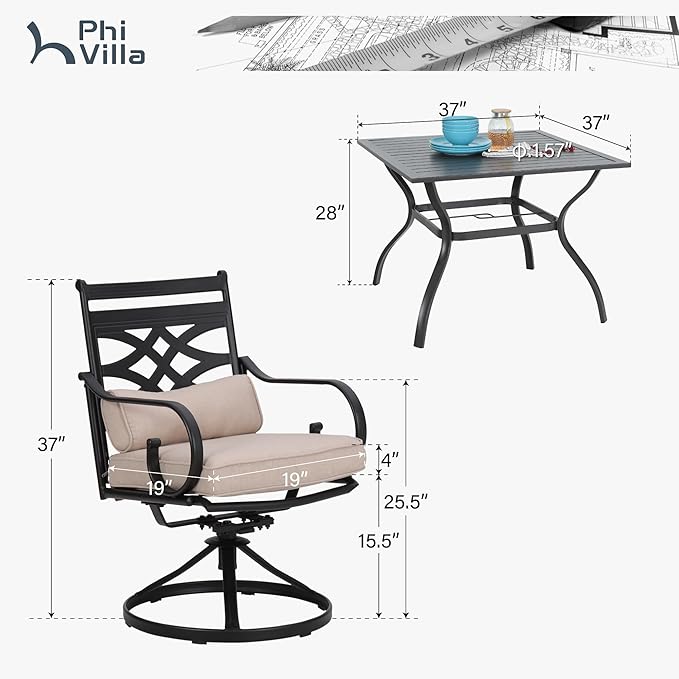 PHI VILLA 5 Pieces Outdoor Dining Set for 4, 37" Square Black Metal Table & Wrought Iron Swivel Chairs, All Weather Large Outside Furniture with Cushions & Pillows for Patio, Deck, Porch