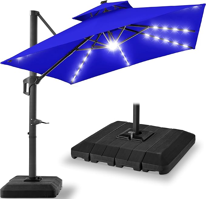 Best Choice Products 12x12ft LED Cantilever Patio Umbrella w/Base Included & 360° Rotation, Large Solar Offset Hanging Outdoor Sun Shade for Deck, Backyard Table w/Stand & Lights – Resort Blue
