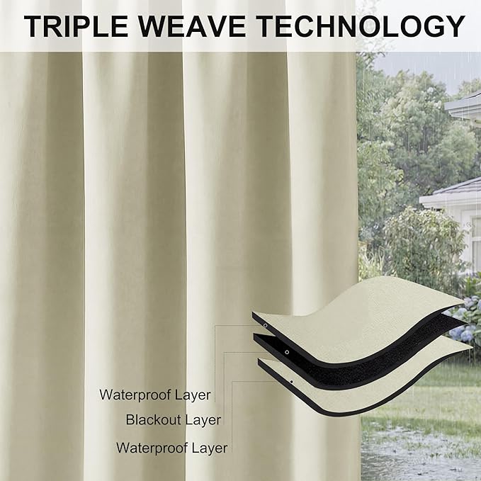 RYB HOME Extra Wide Outdoor Curtains for Patio Waterproof Heavy Duty Thermal Insulated in Summer Full Coverage Privacy for Gazebo, Cabana & Pergola, W100 x L90, Beige, 1 Panel