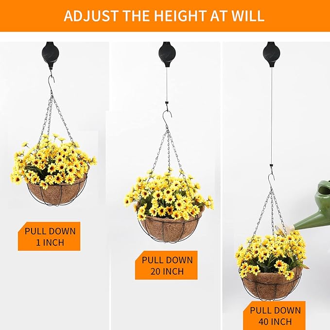 3Pack Retractable Plant Hanger Pulley System with Adjustable Rope Clips-Heavy-Duty for Indoor & Sheltered Outdoor Use(Max 15kg)