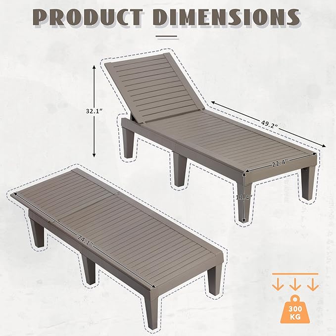 Outdoor Chaise Lounge Set of 4,Lightweight Patio Chairs,Waterproof Sun Loungers Chair Outdoor,5-Positions Adjustable Pool Lounge Chair for Garden Beach Patio Poolside Lawn and Deck,Striped Grey