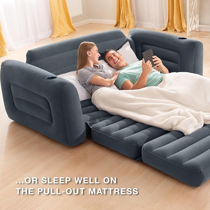 Intex Inflatable Pull-Out Sofa: Velvety Surface, 2-in-1 Valve, Cupholder, 46" x 88" x 26" - Blow-Up Couch and Folding Queen Size Air Mattress Bed