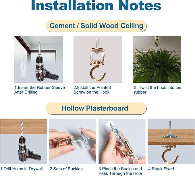 ONIKK Ceiling Hooks for Hanging Plants (4 PCS Gold), Heavy Duty Metal Plant Hooks, Screw in Hooks for Hanging Birdfeeders, Lamps, Planters, Indoor Outdoor Wall Baskets Hooks up to 33 lbs