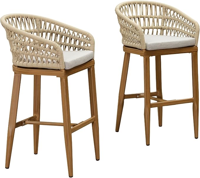 PURPLE LEAF Outdoor Rattan 29" Bar Stools Set of 2, Modern Boho Aluminum Patio Bar Height Chair with Cushion and Back for Outdoor and Indoor, Teak