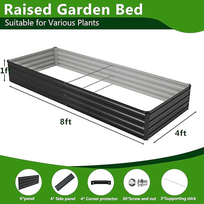2PCS 8x4x1ft Galvanized Raised Garden Bed Kit, Galvanized Planter Raised Garden Boxes Outdoor, Large Metal Raised Garden Beds for Vegetables,Black