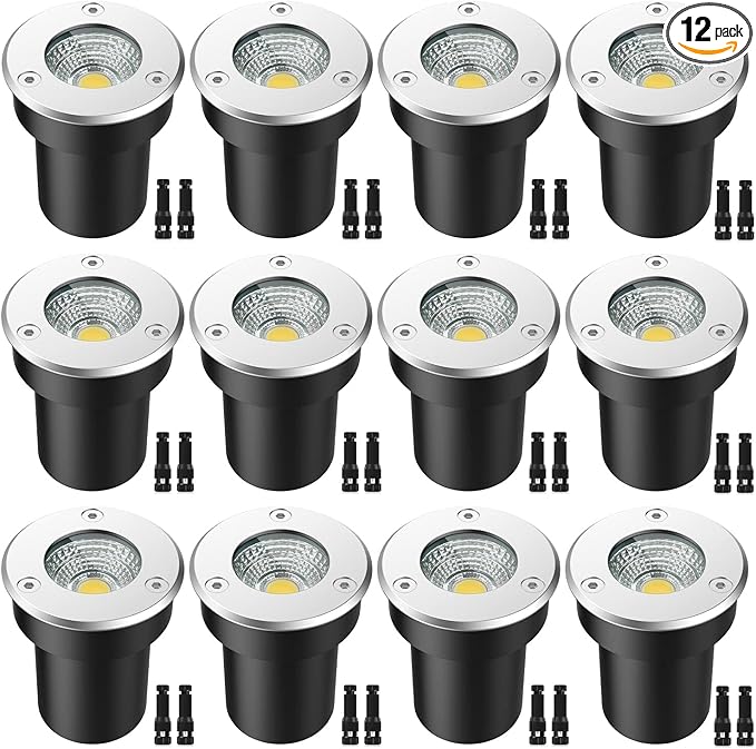 LED Landscape Lights, 12 Pack 7W Ground Lights With 24 Connectors, Low Voltage In-Ground Well Pathway Lighting, Daylight White, Waterproof for Driveway, Deck, Garden