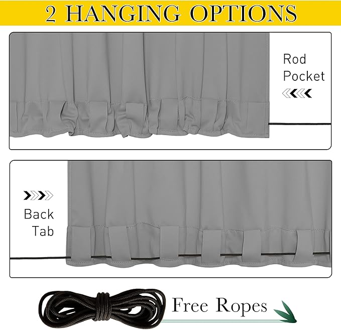 NICETOWN 2 Panels Weighted Outdoor Curtains for Patio Waterproof, Top & Bottom Grommet & Back Tab Fixed Outdoor Curtains Windproof Drapes Thermal Insulated for Gazebo, W84 x L84, Light Grey
