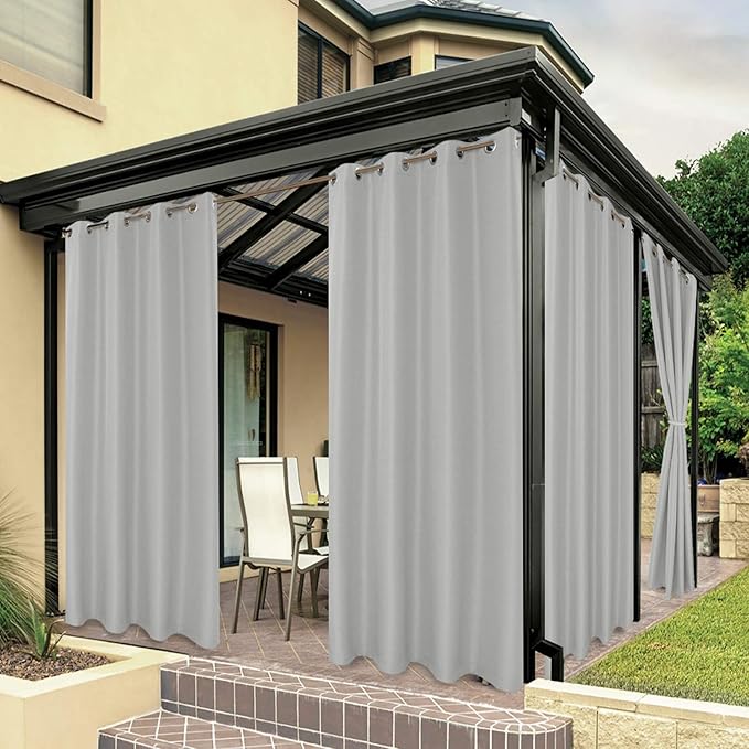 BONZER Outdoor Curtains for Patio Water Resistant Heavy Privacy Light Filtering Grommet Outside Curtains for Porch, Pergola, Gazebo, 1 Panel, 54W x 120L inch, Silver