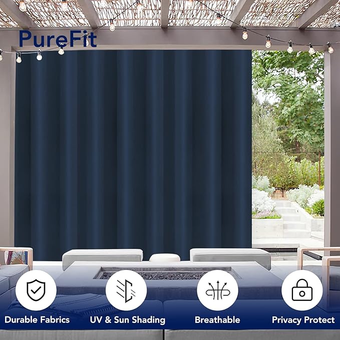 PureFit Outdoor Curtains for Patio Waterproof Weatherproof, UV Resistant Outside Curtains for Gazebo, Front Porch, Pergola, Sun Blocking Privacy Curtain, 120W x 95L inch, 1 Panel, Navy Blue