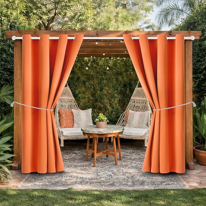 DIVA EN CAMINO DEC Outdoor Patio Curtain Waterproof Darkening Thermal Insulated Indoor Curtains for Bedroom, Porch, Living Room, Pergola, Cabana, W52 x L132, Orange, Set of 2 Panels
