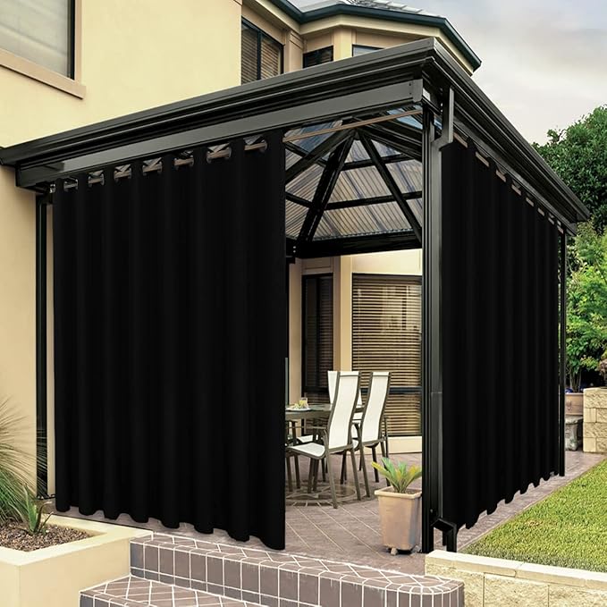 BONZER Outdoor Curtains for Patio Waterproof Thick Privacy Wide Grommet Light Filtering Outside Curtains for Porch Pergola Gazebo Deck, 1 Panel, 110W x 108L inch, Black