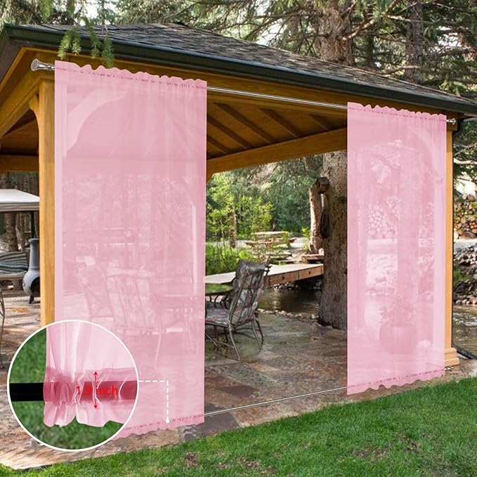 SpaceDresser Waterproof Outdoor Sheer Curtains for Patio - 2 Panels Rod Pocket Indoor Voile Sheer Curtain for Living Room,52W x 108L inch, Light Pink