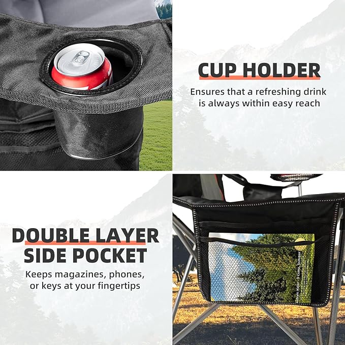 2 Pack Folding Camping Chairs for Adults - High Back Padded Outdoor Lawn Chairs with Lumbar Support & Cup Holder, 400lbs Heavy Duty Portable Camping Chairs Set (Black & Light Gray)