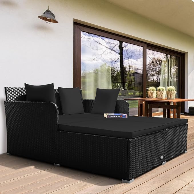 RELAX4LIFE Rattan Patio Outdoor Daybed, Wicker 2-Person Sunbed Loveseat with Soft Cushions, 4 Pillows, Curved Backrest & Armrest, Double Bed Lounger Sofa Set for Balcony Porch, Patio Bed (Black)