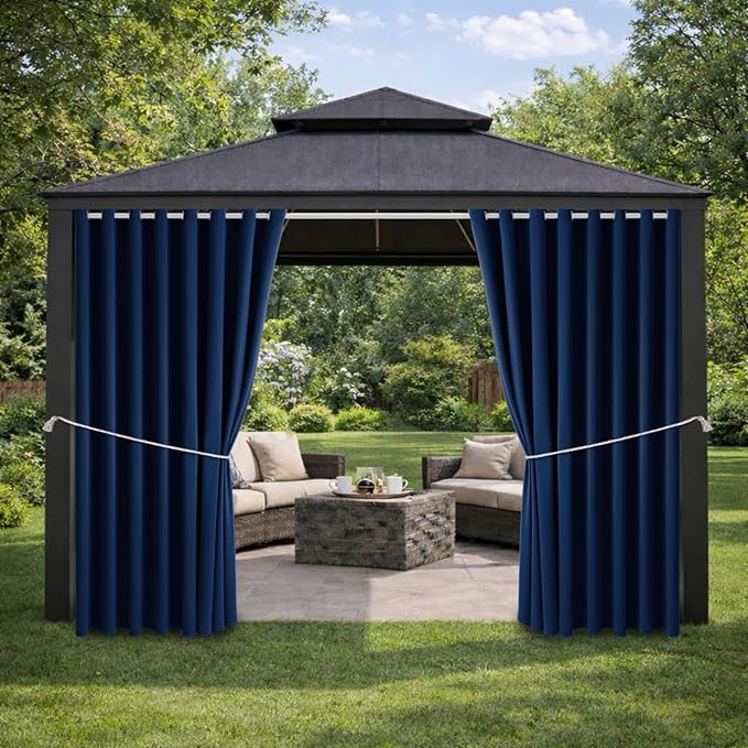 Outdoor Patio Curtain Waterproof Darkening Thermal Insulated Indoor Curtains for Bedroom, Porch, Living Room, Pergola, Cabana, W105 x L120 Extra Wide Room Divider, Navy, Set of 2 Panels