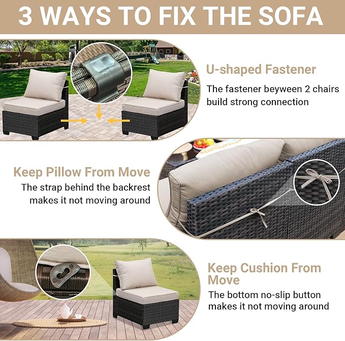 Jing's Villa 10-Piece Patio Furniture Set, All-Weather Outdoor Wicker Sectional Sofa with Cushions, Glass Table & Left and Right Armrest, Rattan Conversation Seating for Porch, Garden, Backyard,Beige