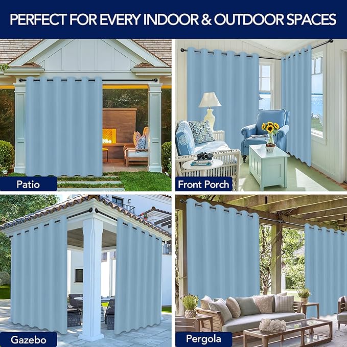 PureFit Outdoor Curtains for Patio Waterproof Weatherproof, UV Resistant Outside Curtains for Gazebo, Front Porch, Pergola, Sun Blocking Privacy Curtain, 120W x 84L inch, 1 Panel, Sky Blue