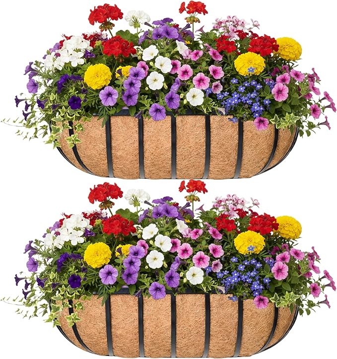 30“ Window Box Railing Planter with Coco Liner Metal Wall-Mounted Coconut Liner Planter Basket English Horse Trough Planters for Outdoor Deck Balcony Porch Fence Patio Black (2 Pack)