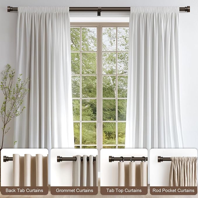 2 Pack Antique Brown Bronze Curtain Rods for Windows 72 to 144 Inches Adjustable Heavy Duty 1" Diameter Window Curtain Rod with Finials for Outdoor Farmhouse Bedroom Kitchen Living Room