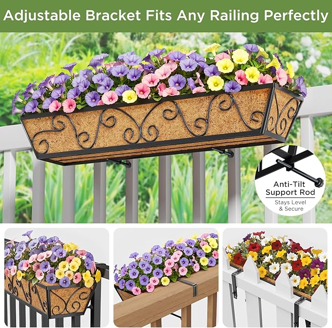 Y&M 30 Inch Window Deck with Coco Liner, Fence Metal Hanging Flower Planter Window Basket Deck Railing Planter Boxes for Outdoor Garden Lawn-Butterfly, 2pcs