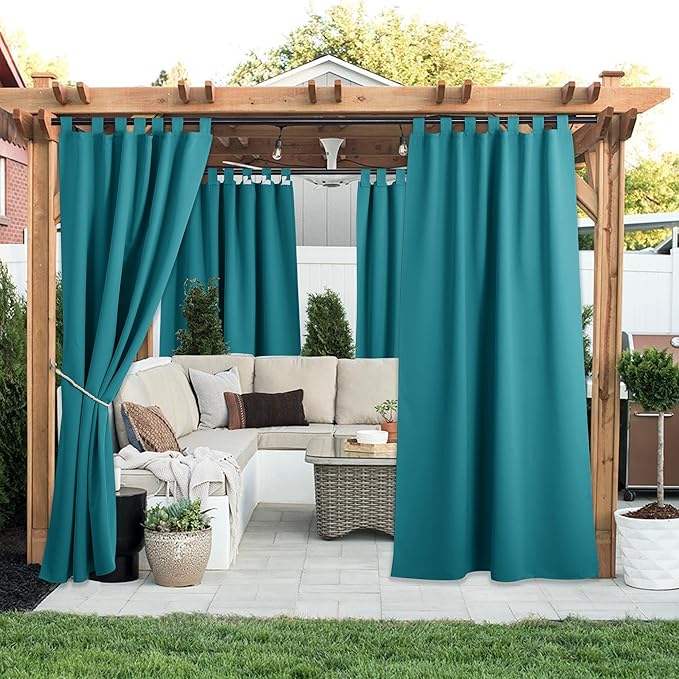 NICETOWN 2 Panels Peacock Teal Patio Curtainss Outdoor Waterproof with Self-Adhesive Tab Top, Thermal Insulated Heat & Cold Blocking Outdoor Curtainss for Easy Hanging & Sliding, W52 x L108