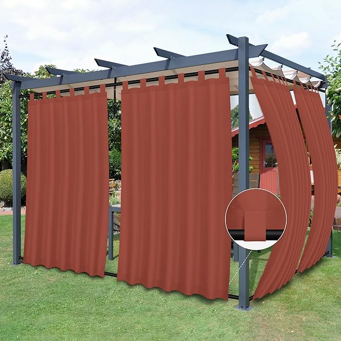 Easy-Going Outdoor Patio Curtains Detachable Tab Top Windproof Weatherproof Curtain for Cabana, Porch, Pergola and Gazebo, Tab Bottom Drape, 2 Panels, 54W x 84L inch, Terra Red