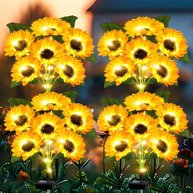 Solar Lights Outdoor Garden Decor,4 Pack with 24 Sunflower Lights,Solar Flowers Lights Waterproof,Birthday Gifts for Mom Women Grandma,Outside Decorative Stakes Light for Landscape Yard Patio Lawn