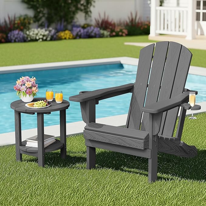 SERWALL Round Outdoor Side Table, HDPE Small Adirondack End Table,2-Tier Patio Side Table for Backyard Pool Porch Garden Lawn, Gray