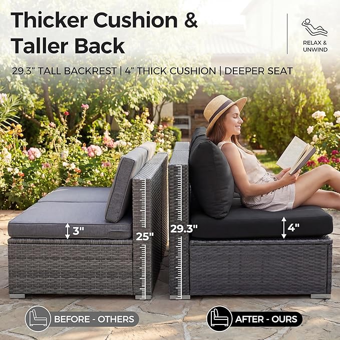 NICESOUL 8 Piece Outdoor Patio Set, 29.3'' High Back Extra Large Wicker Patio Furniture, Deep Seating Comfy L Shaped Modular Sectional Set of 8, Modern Wide Conversation, 2 Color Cushion Black & Gray