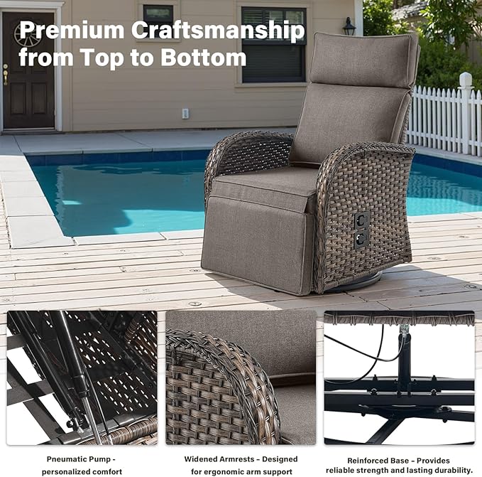 Swivel Outdoor Recliner Chair Set of 2 - Reclining Patio Chair with Adjustable Backrest and Footrest, All-Weather Wicker Chaise Lounge Chair Outdoor for Pool Deck (Upgraded 2.0)