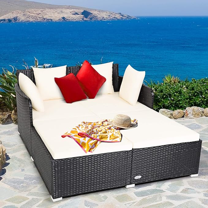 Tangkula Outdoor Rattan Daybed, Wicker Furniture with Spacious Seat, Upholstered Cushion & High-Resilience Sponge, Patio Sofa Set with 4 Pillows, 2-Person Sunbed for Poolside Backyard Garden & Balcony