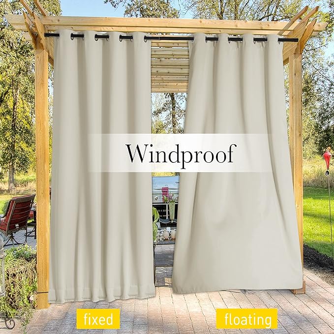 NICETOWN 2 Panels Outdoor Curtains for Patio Waterproof & Windproof, Thermal Insulated Top & Bottom Grommet & Back Tab Light Block Outdoor Drapes with Bouns Rope for Fixed, Beige, W84 x L84