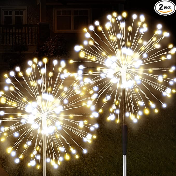 JJGoo Solar Firework Lights, 2 Pack 120 LEDs 2 Lighting Modes Solar Garden Lights Outdoor Waterproof for Yard Patio Walkway Pathway Party Wedding Christmas Decorative - Mixed Color