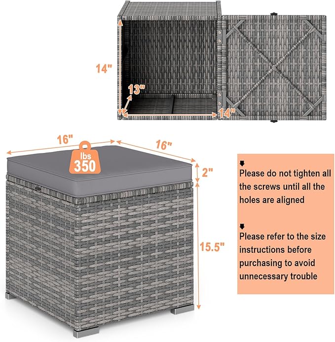 RELAX4LIFE Wicker Outdoor Storage Ottoman - 2-Piece Rattan Footstool w/Removable Cushion, Multipurpose Footrest Foot Stool Seating, Set of 2 Outdoor Ottomans for Patio Deck (Mix Grey-Grey)