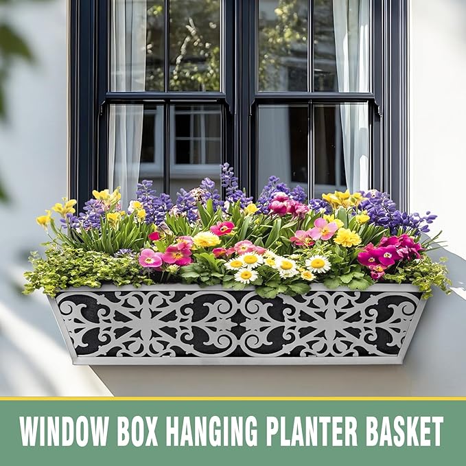2 Pack 24 Inch Window Boxes Planter for Outdoor Plants Deck Railing Planters Box with Adjustable Brackets for Porch Fence Balcony Hanging Flower Baskets with Non-Woven Fabric Liner for Garden Decor