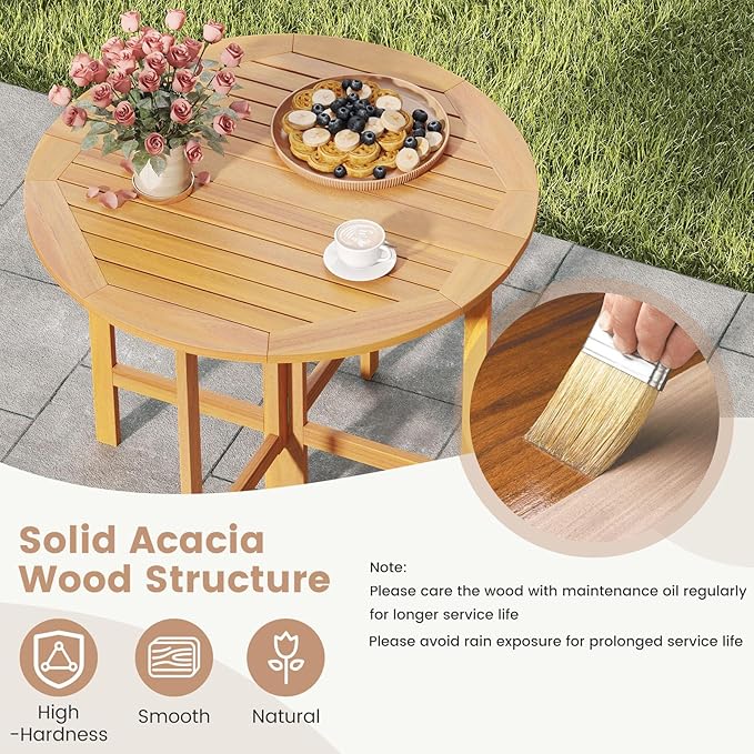 Tangkula 2 Pieces 36 Inches Outdoor Folding Round Dining Table, No Assembly Patio Acacia Wood Bistro Table with Slatted Tabletop, for Backyard, Porch, Balcony