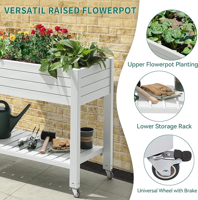 YITAHOME 43.3x17.7x34 in Elevated Garden Bed 2pcs, Outdoor Plastic Planter Box with Wheels, Legs, Drain Plug, and Storage Shelf for Plants, Vegetables, Flowers, Herbs, Grayish-White