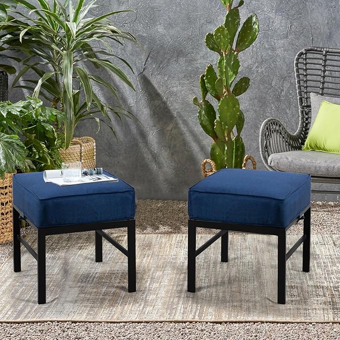 2 Pieces Outdoor Patio Ottomans, Assembled Aluminum Outdoor Ottoman with Blue Cushions, Aluminum Small Outdoor Foot Stools for Patio Porch Yard Garden Deck, Black Frame