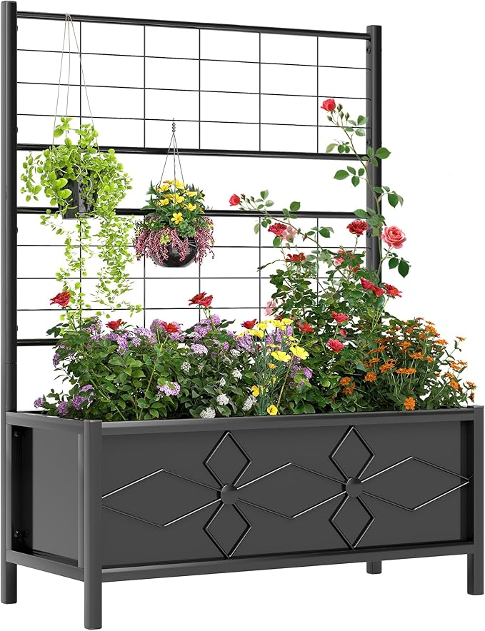 Outsunny Planter Box with Trellis, 35.4 x 15.7 x 47.2 inch Raised Garden Bed with Drainage Holes, Planters for Outdoor Plants, Vegetables, Flowers, Herbs, Trellis Planter, Black